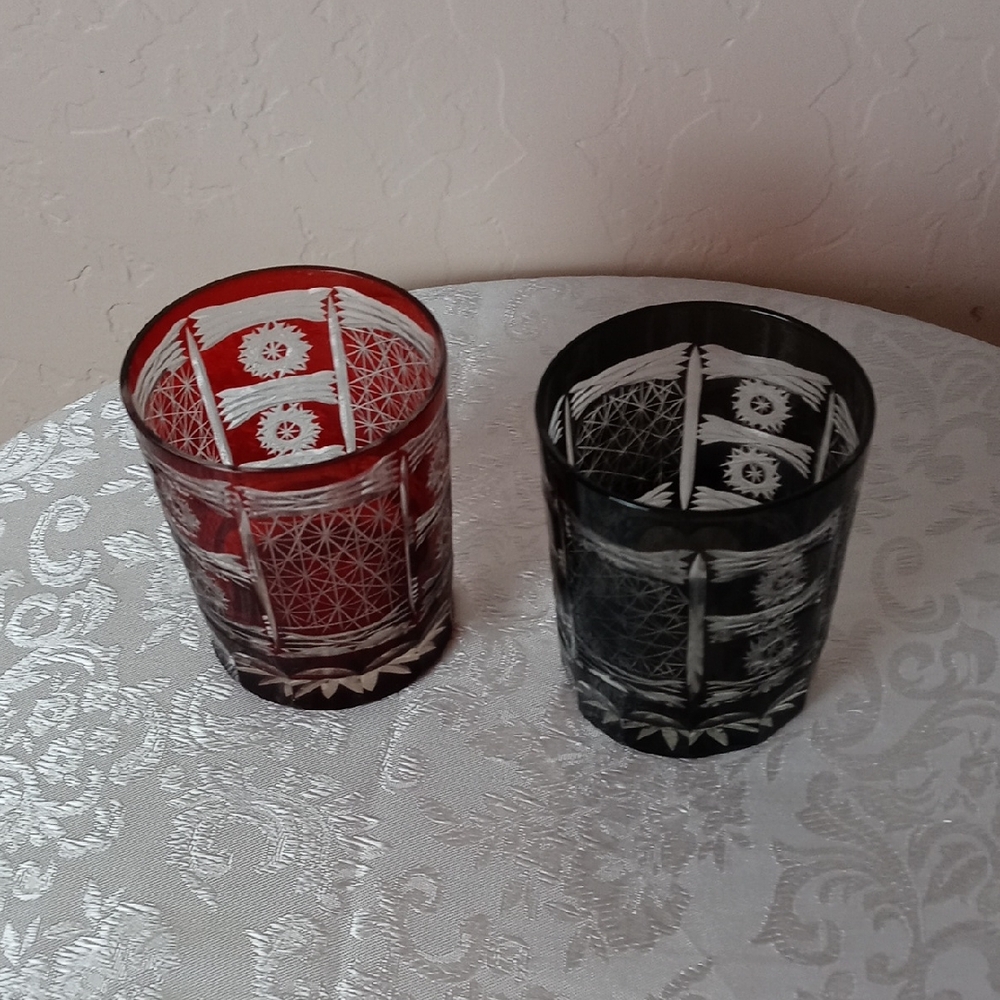 RARE Edo Kiriko Hand-Cut Crystal Whiskey Glasses - Red and Black (Set of 2)